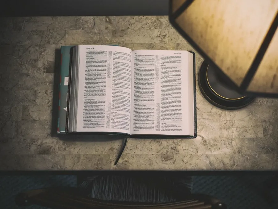 An open book beside a lamp on a working desk