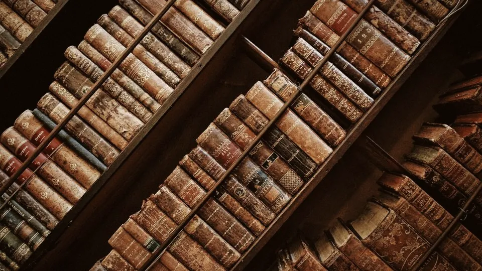 Rows of aged book spines on a shelf